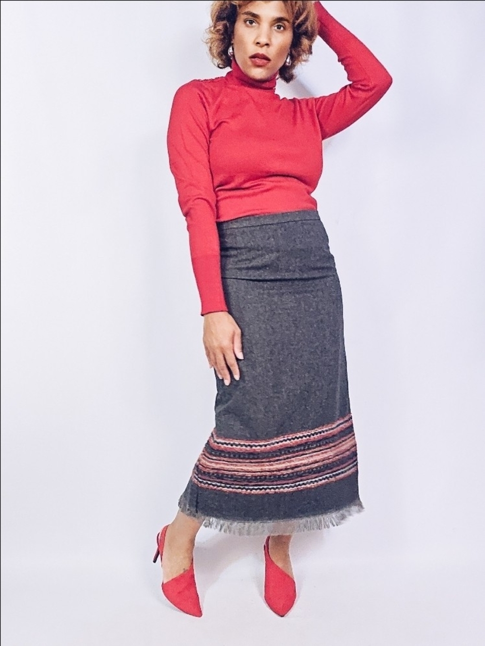 Sag Harbor Charcoal Midi Skirt with Multicolor Striped Hem